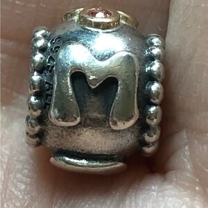 Authentic Retired Pandora Sterling Silver & Gold MOM Charm with Pink Accent